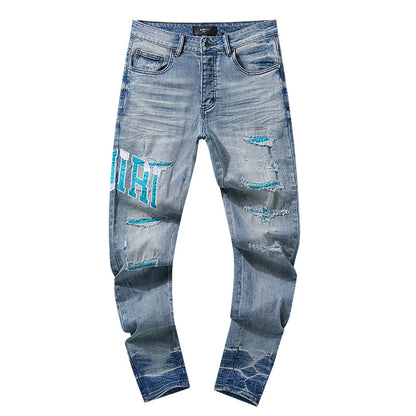 Jeans Washed and Distressed Retro Tattered Jeans Splash Ink Ruffle Handsome and Beautiful Style