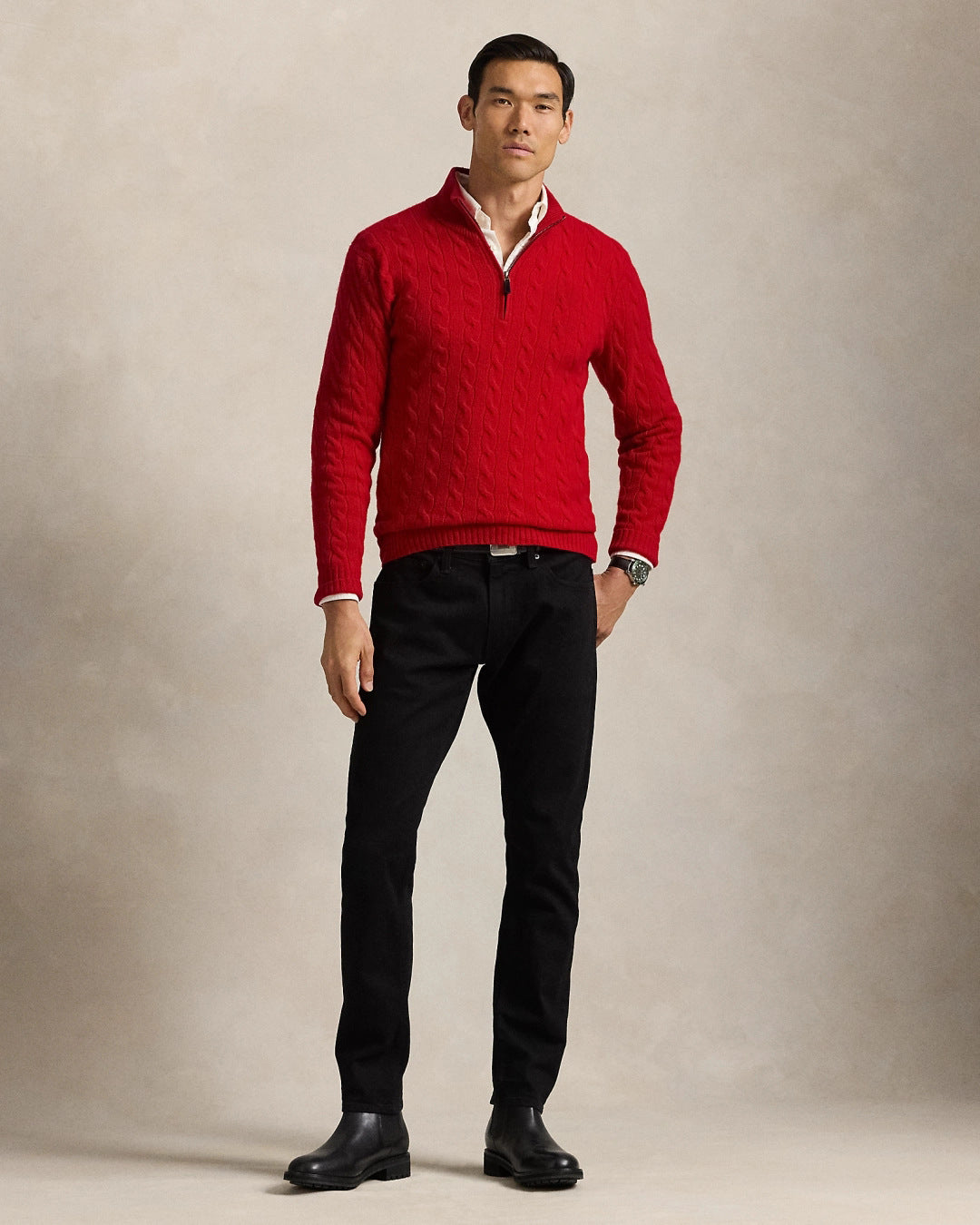 Real Shot RL Raffi Pony Label Embroidered Knit Sweater Men Autumn Winter Stand Collar Cable Couple Half Zip Sweater Women