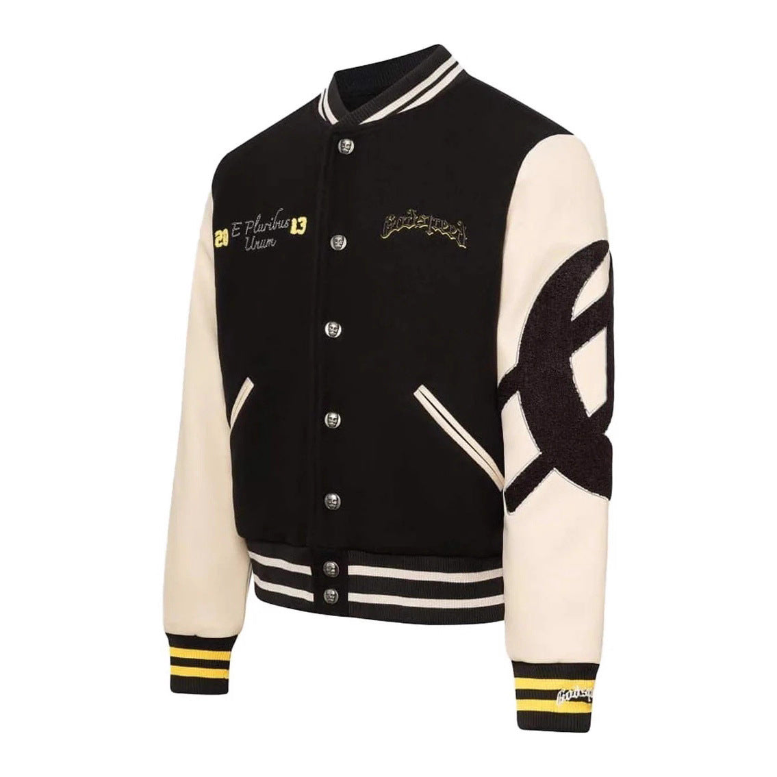 GODSPEED Heavy Embroidery PU Leather Patchwork Jacket Coat Unisex Woolen Padded Baseball Jacket