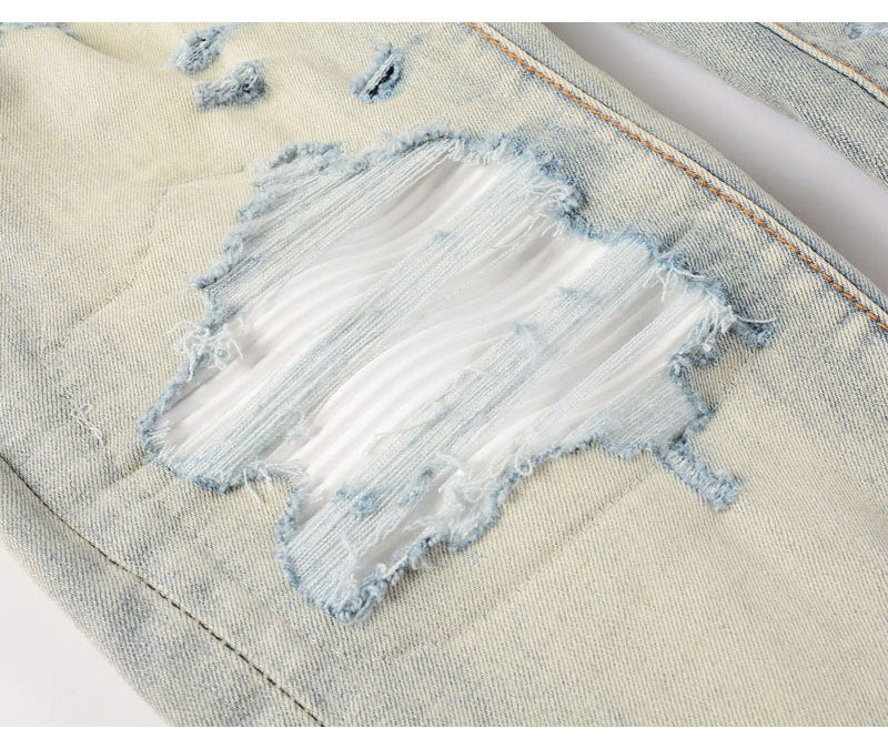 High Street Fashion Men's Jeans with Ripped Patches, Distressed Light Blue Slightly Stretchy Slim Fit Skinny Pants, Trendy Long Pants for Men