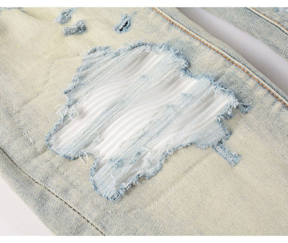 High Street Fashion Men's Jeans with Ripped Patches, Distressed Light Blue Slightly Stretchy Slim Fit Skinny Pants, Trendy Long Pants for Men