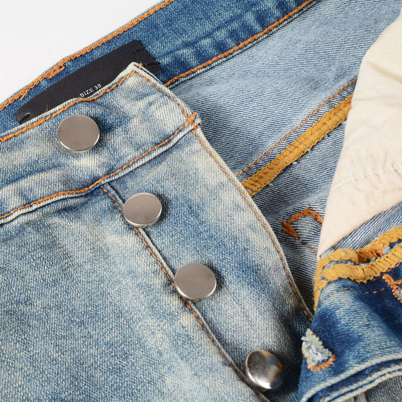 High Street Fashion Men's Jeans with Ripped Patches, Distressed Light Blue Slightly Stretchy Slim Fit Skinny Pants, Trendy Long Pants for Men