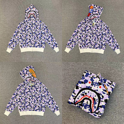 Fashion Brand Shark Camouflage Zipper Sweater Men and Women Couple Loose Cotton Fleece-lined Hooded Cardigan Coat Men
