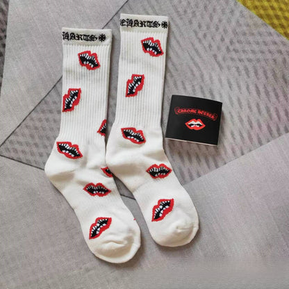 GM CHeart Socks CH Striped Letter Red Lip Embroidery Logo Towel Bottom Sports Trendy Socks