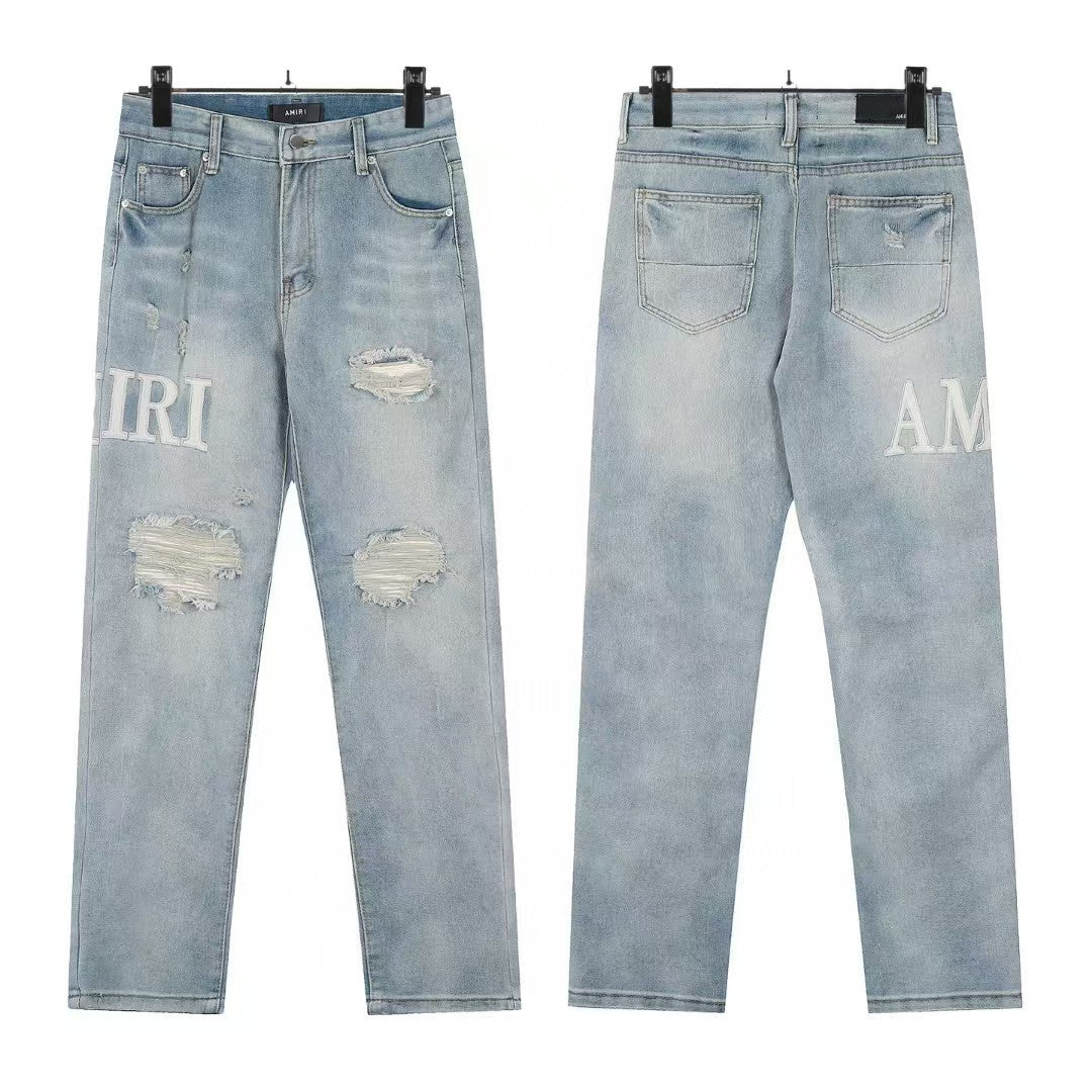 Cross-Border Foreign Trade AM American High Street Ripped Patch Letter Embroidery Washed Slim Straight Skinny Jeans Long Pants