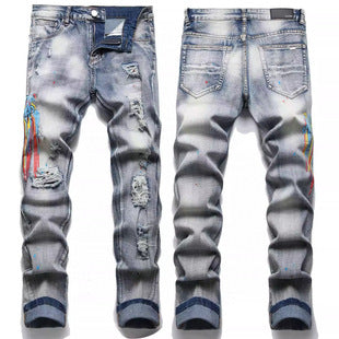 American Style Trendy Brand Jeans for Men with Patch Embroidery High Street Basic Ripped Skinny Fashion Casual Stretch Straight Long Pants