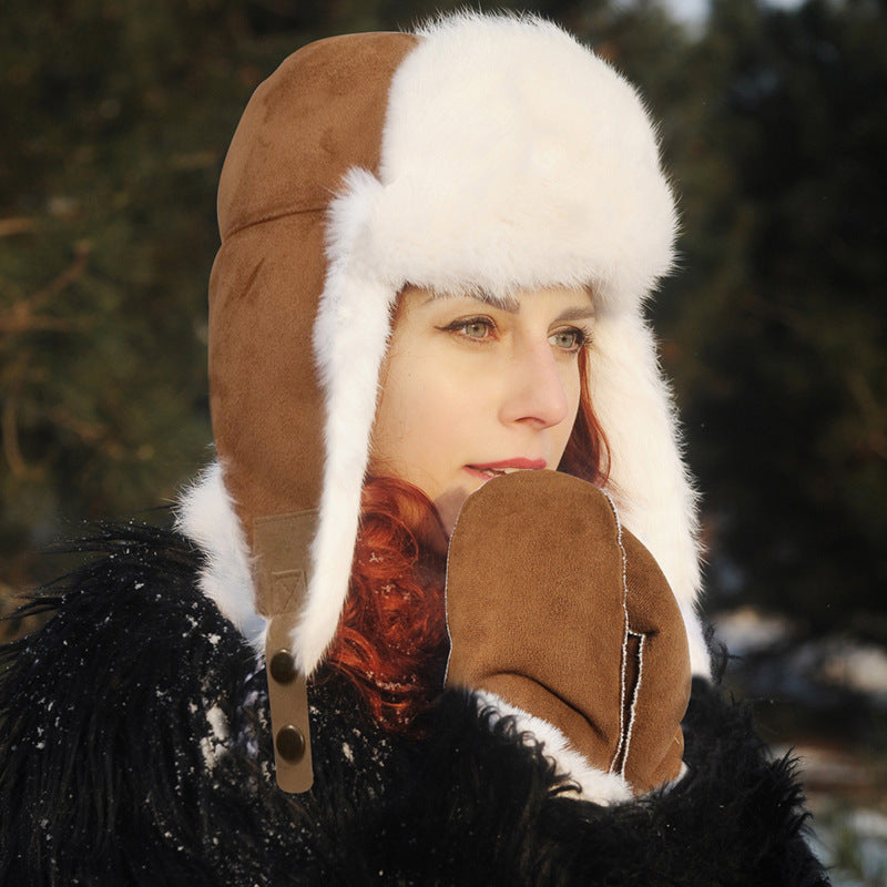 Autumn and Winter Suede Ushanka Plush Thickened Ears Protection Hat Warm Ski Cap Angora Gloves Outdoor Cold-Proof Suit