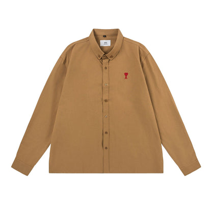 Trendy Brand Am* Small Heart Embroidered Shirt Casual Loose Fit Unisex Couple Style Amy Cotton Long Sleeve Top(2)