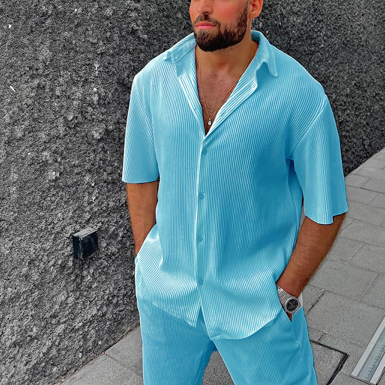 Men's Casual Loose Beachwear Solid Color Striped Short Sleeve Suit Southeast Asian Men's Shirt Two-Piece Set