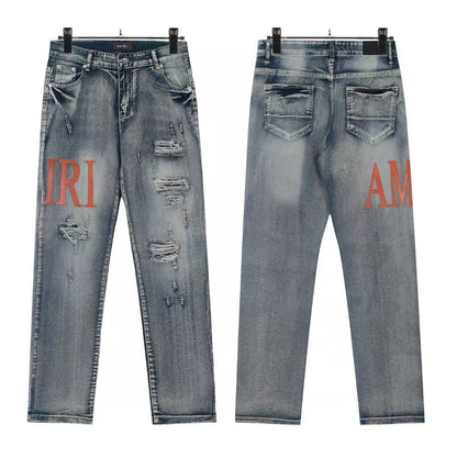 Cross-Border Foreign Trade AM American High Street Ripped Patch Letter Embroidery Washed Slim Straight Skinny Jeans Long Pants