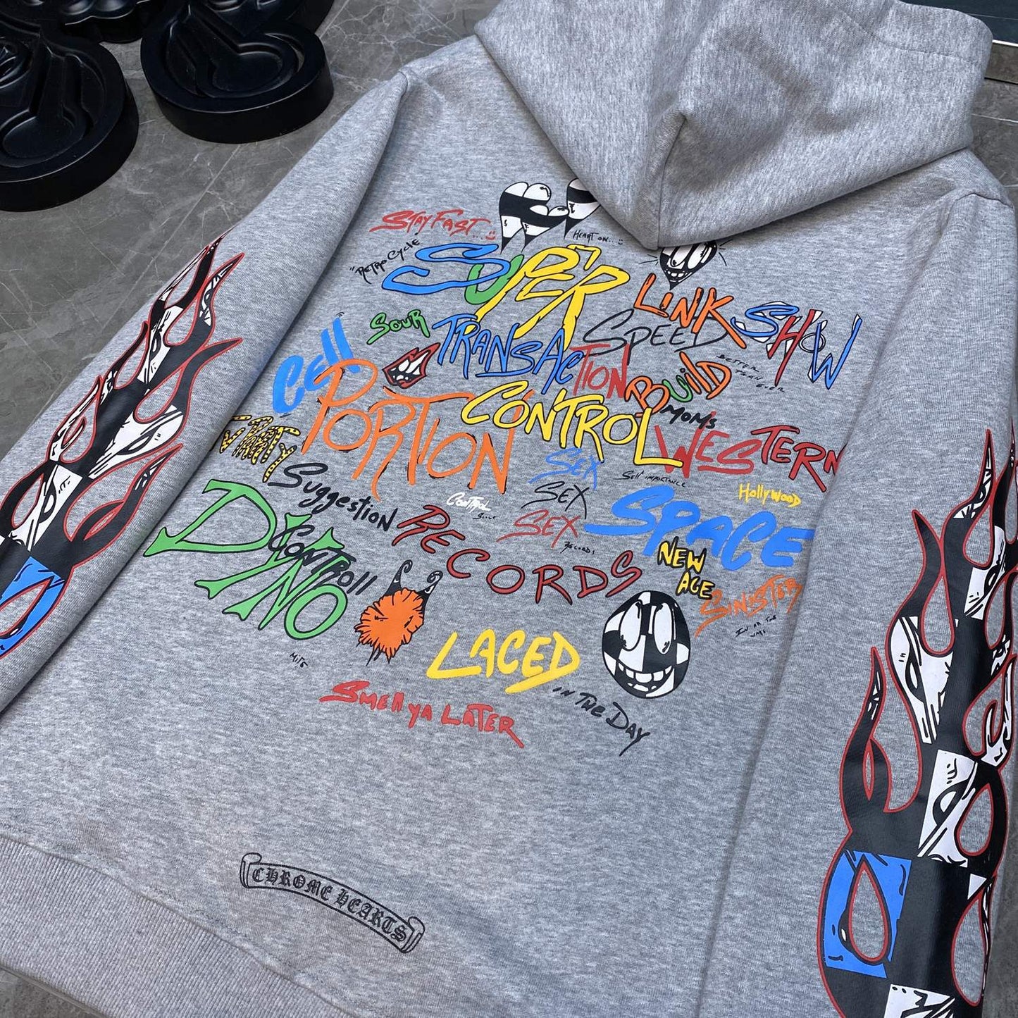21SS Correct Version Crow Matty Graffiti Flame Cross Flower Arm Hooded Sweatshirt Couple Style
