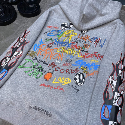 21SS Correct Version Crow Matty Graffiti Flame Cross Flower Arm Hooded Sweatshirt Couple Style