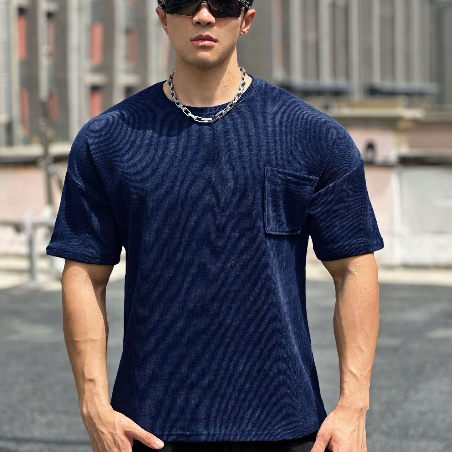 New Muscle Fitness Brothers Sports Men's T-Shirt Spring Summer Round Neck Corduroy Casual Running Men's Pocket T-Shirt