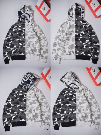 Fashion Brand Shark Camouflage Zipper Sweater Men and Women Couple Loose Cotton Fleece-lined Hooded Cardigan Coat Men