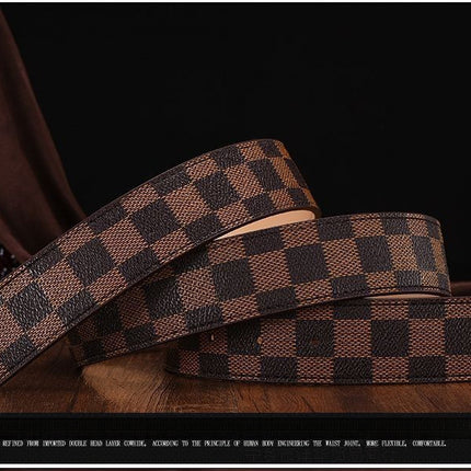 New Men's Belt Smooth Buckle Waist Belt Letter Youth Plaid Pattern Belt Korean Style Trendy Casual Versatile