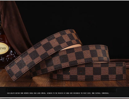 New Men's Belt Smooth Buckle Waist Belt Letter Youth Plaid Pattern Belt Korean Style Trendy Casual Versatile