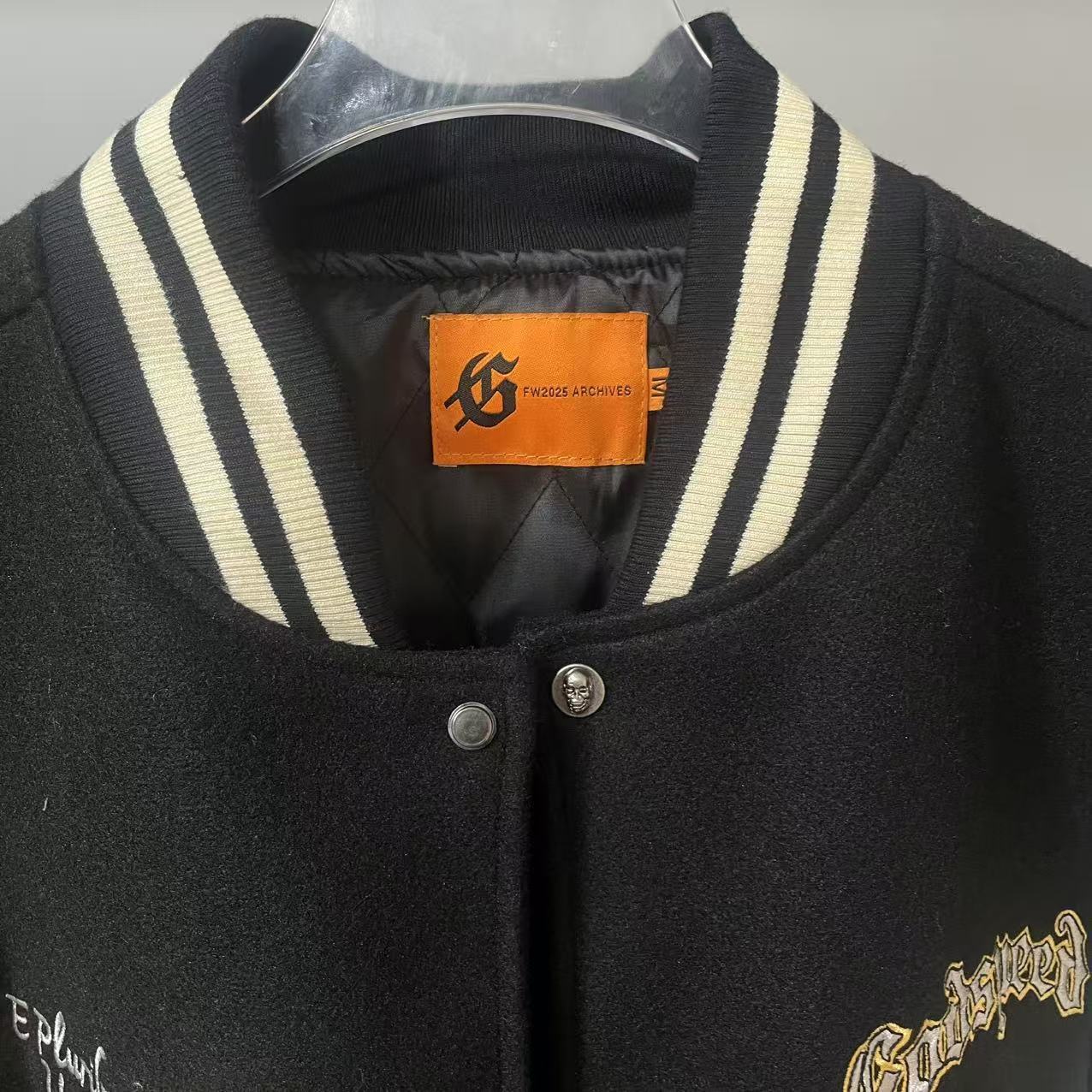 GODSPEED Heavy Embroidery PU Leather Patchwork Jacket Coat Unisex Woolen Padded Baseball Jacket
