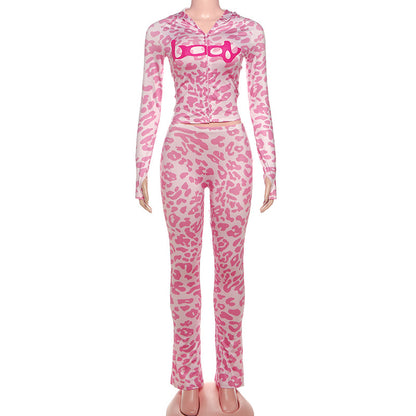 2025 Autumn Women's New Fashion Hooded Camouflage Print Long Sleeve Sports Trendy Slim Fit Long Pants Two-Piece Set