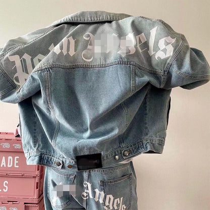 PA Trendy Brand Denim Jacket with Large Letter Logo and Palm Tree Design for Couples