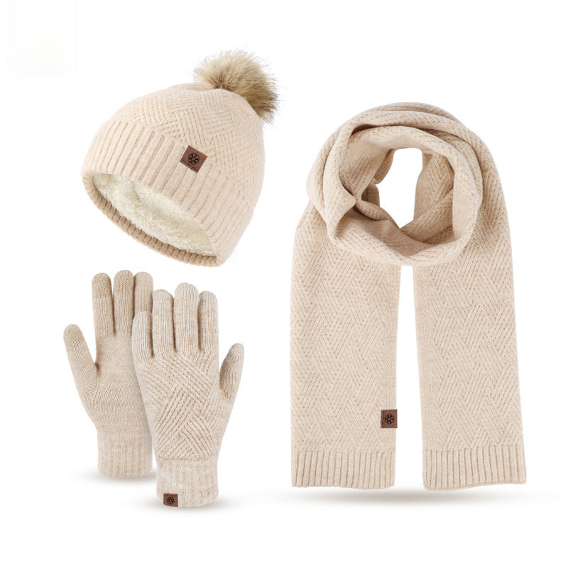 New Solid Color Wool Warm Hat Scarf Gloves Three-Piece Set Cold-Proof Fur Ball Fleece-lined Knitting Suit