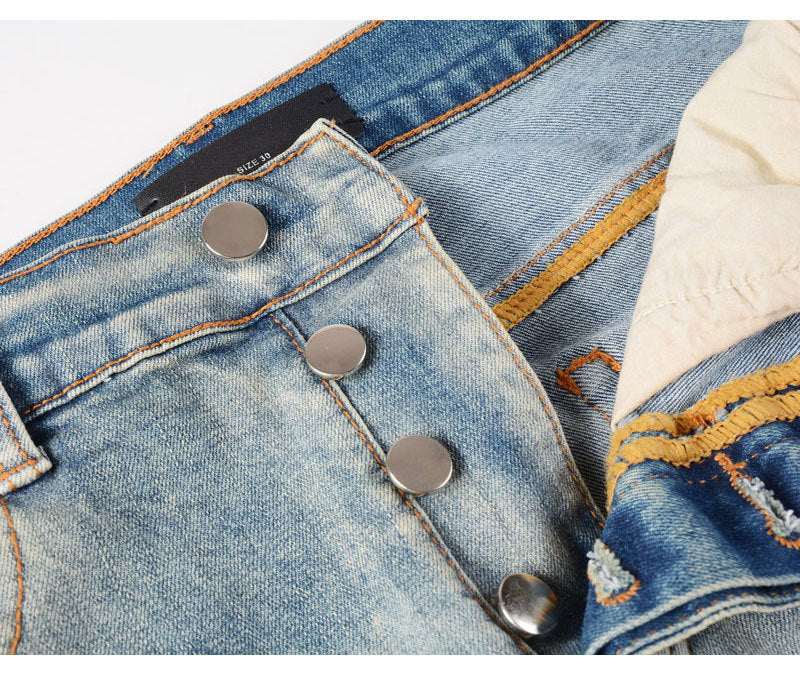 High Street Fashion Men's Jeans with Ripped Patches, Distressed Light Blue Slightly Stretchy Slim Fit Skinny Pants, Trendy Long Pants for Men