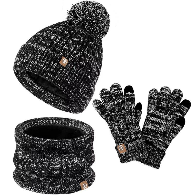 Children's Fur Ball Hat Scarf Gloves Three-Piece Set Winter Children Fleece-lined Thermal Knitting Suit