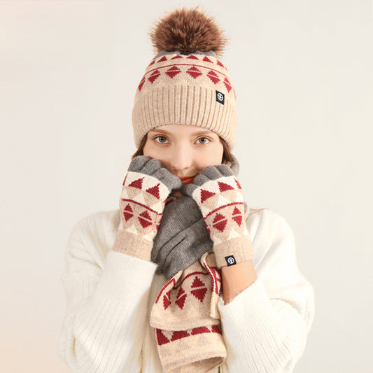 Winter New Japanese Style Knitting Gloves Scarf Hat Three-Piece Set Wool Warm Cold-Proof Fur Ball Scarf Three-Piece Set