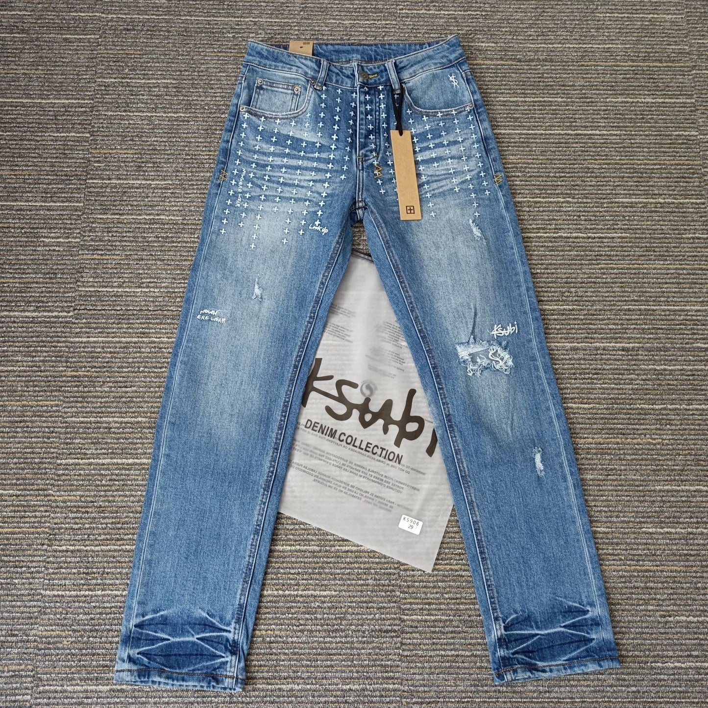 Men's KSB Jeans Straight Leg Ripped Stretch American High Street Casual Men's Jeans