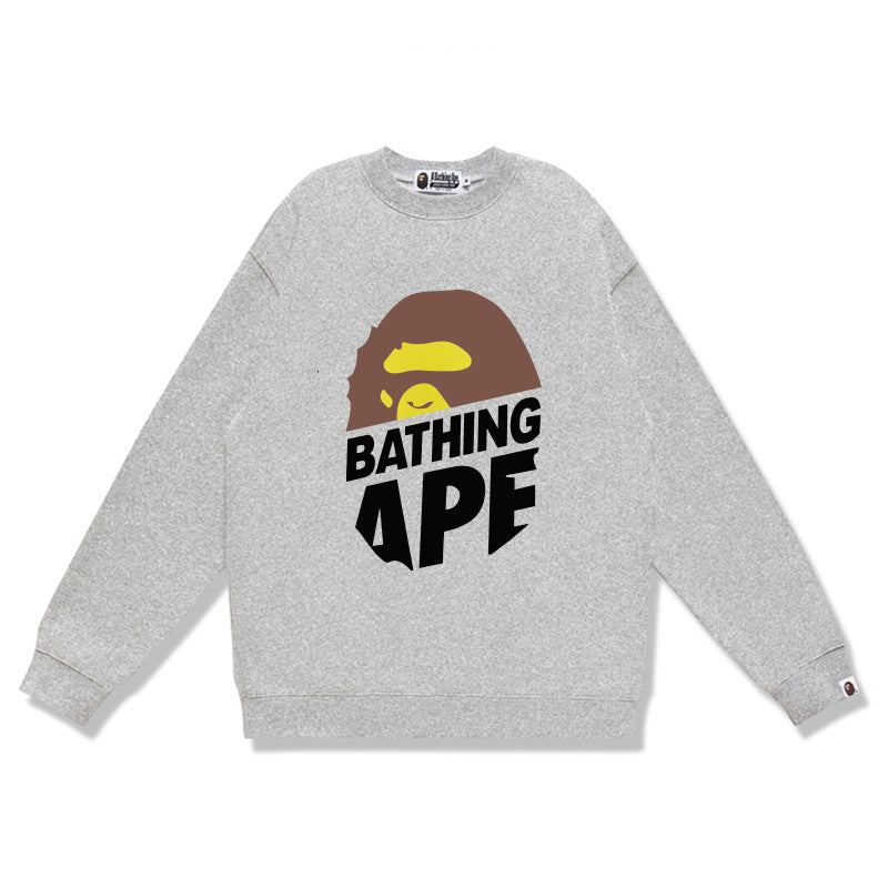 Terry Sweatshirt with Ape Man Letter Print, Unisex, Pure Cotton, Loose Fit, Thin, Crew Neck Pullover Top, Outerwear