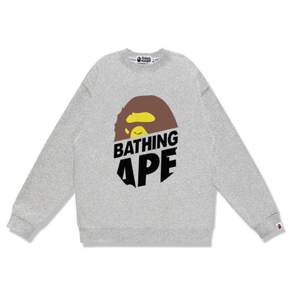 Terry Sweatshirt with Ape Man Letter Print, Unisex, Pure Cotton, Loose Fit, Thin, Crew Neck Pullover Top, Outerwear
