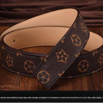 New Men's Belt Smooth Buckle Waist Belt Letter Youth Plaid Pattern Belt Korean Style Trendy Casual Versatile