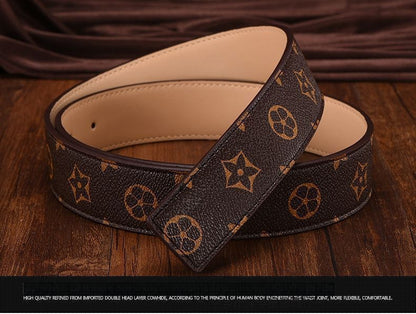 New Men's Belt Smooth Buckle Waist Belt Letter Youth Plaid Pattern Belt Korean Style Trendy Casual Versatile