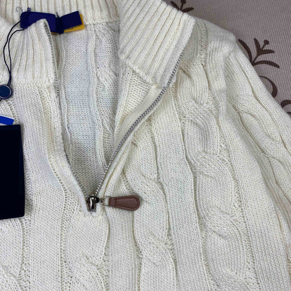 Real Shot RL Raffi Pony Label Embroidered Knit Sweater Men Autumn Winter Stand Collar Cable Couple Half Zip Sweater Women
