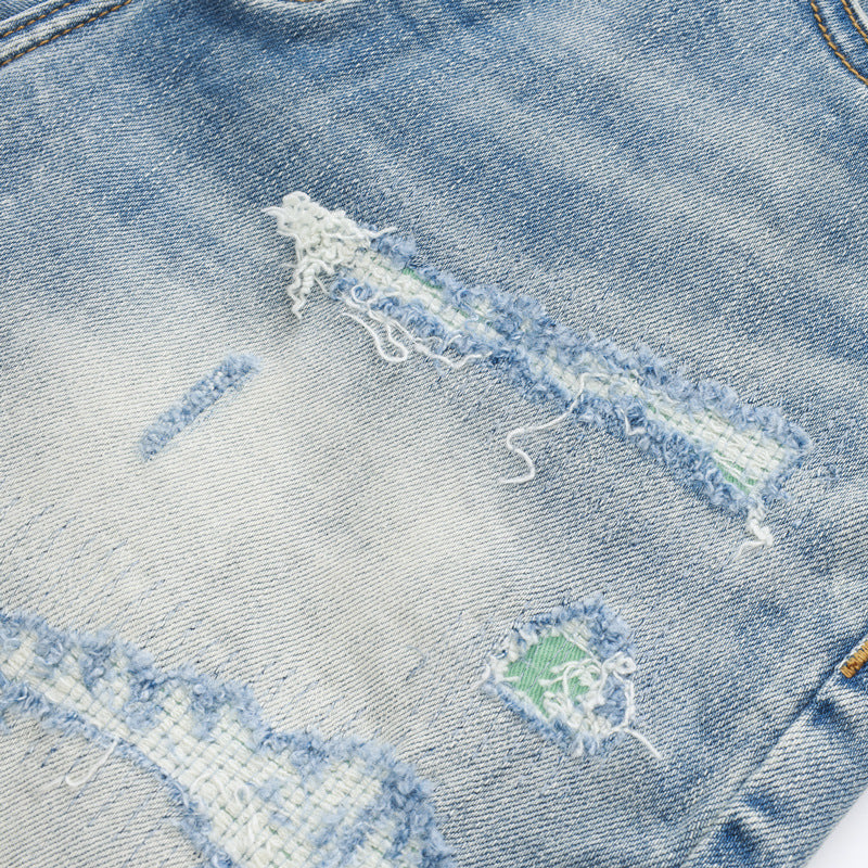 Fashion Street Style Men's Denim Shorts Summer Light Blue Trendy Brand Embroidered Patch Elastic Five-Point Denim Mid-Length Shorts