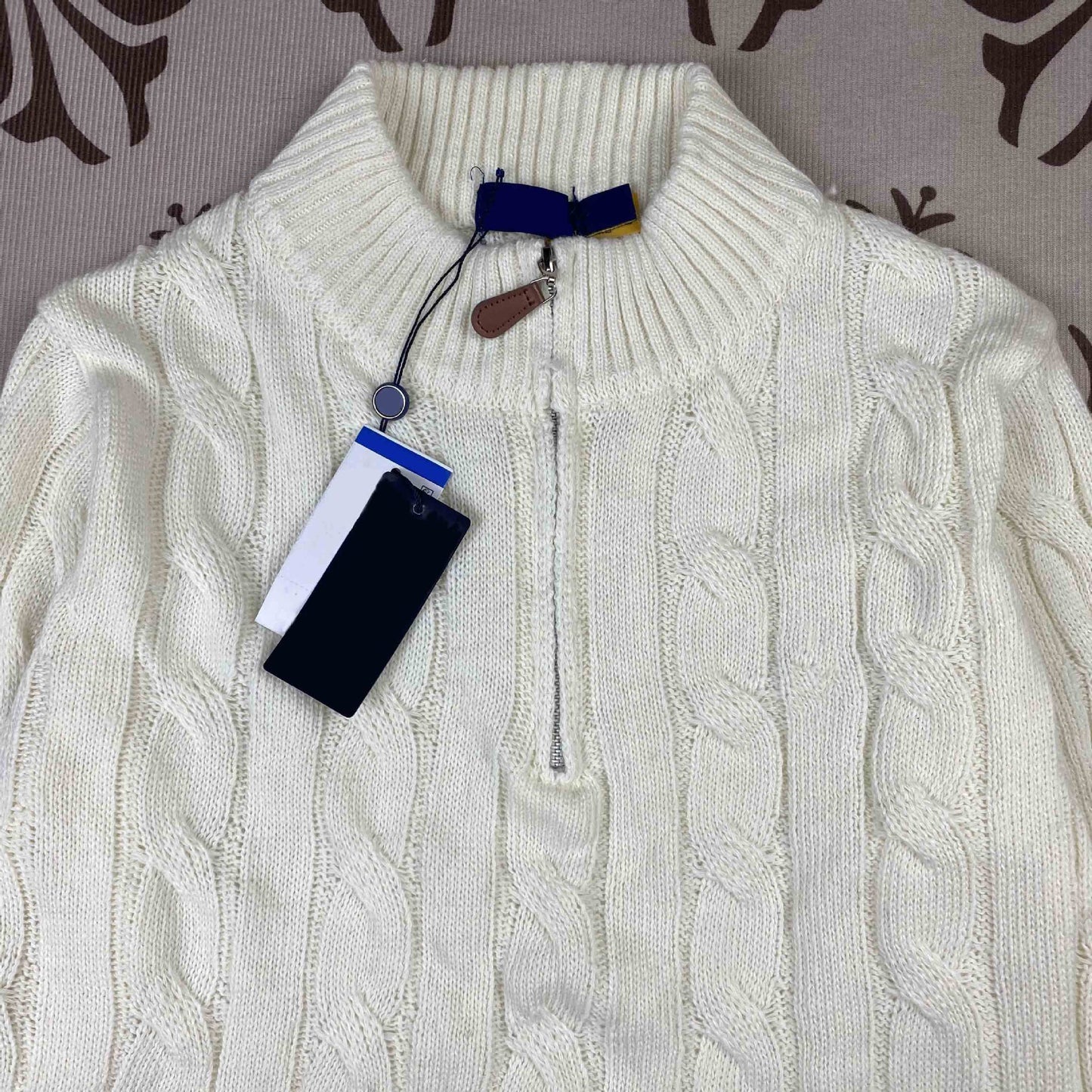 Real Shot RL Raffi Pony Label Embroidered Knit Sweater Men Autumn Winter Stand Collar Cable Couple Half Zip Sweater Women