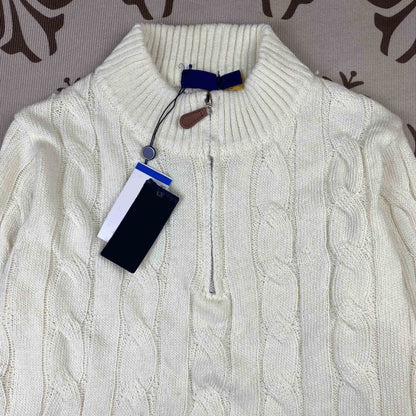 Real Shot RL Raffi Pony Label Embroidered Knit Sweater Men Autumn Winter Stand Collar Cable Couple Half Zip Sweater Women