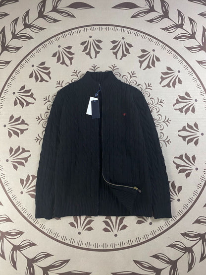 RL Raff Pony Label Autumn Winter Warm Cable Knit Zipper Sweater Cardigan Women Embroidered Cable Cardigan Men