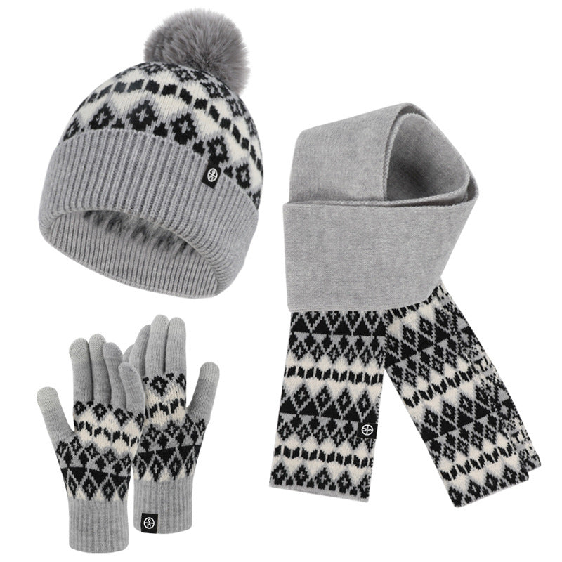 European and American Adult Fur Ball Hat Scarf Gloves Three-Piece Suit Winter Warm Jacquard Knitted Hat 3-Piece Set