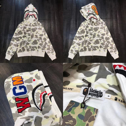 Fashion Brand Shark Camouflage Zipper Sweater Men and Women Couple Loose Cotton Fleece-lined Hooded Cardigan Coat Men