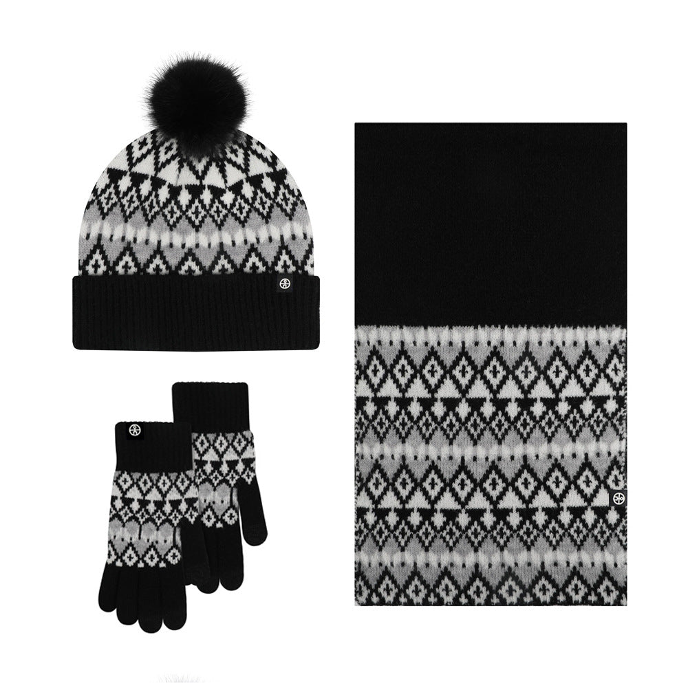 European and American Adult Fur Ball Hat Scarf Gloves Three-Piece Suit Winter Warm Jacquard Knitted Hat 3-Piece Set