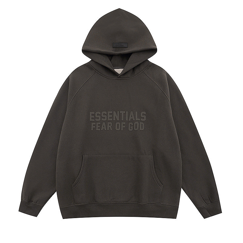 FQG Double-Line ESSENTIALS Hooded Sweatshirt with 3D Silicone Letter Print Unisex Loose Hoodie