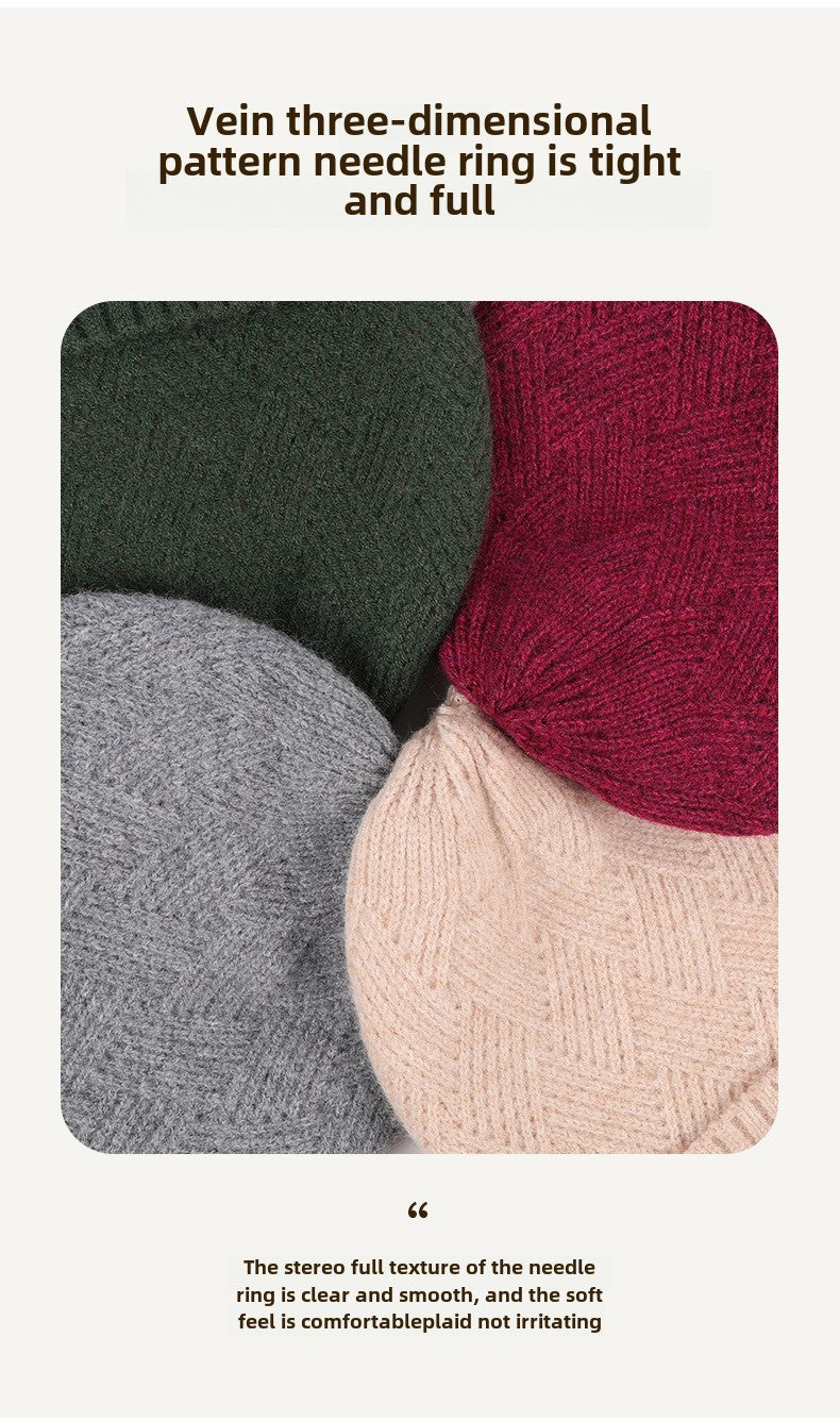 Winter Double Layer Fleece-lined Thickened Knitted Hat Women's Solid Color Wool Warm Windproof Earflaps Slipover Flanging Woolen Cap