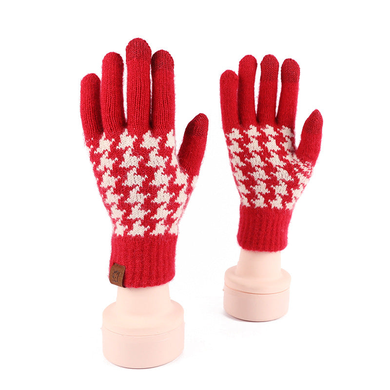 2024 Winter Popular Japanese Wool Knitted Plaid Gloves Fleece-lined Thickened Cycling Five-Finger Touch Screen Warm Gloves