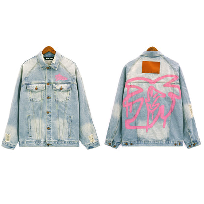 PA Trendy Brand Denim Jacket with Large Letter Logo and Palm Tree Design for Couples