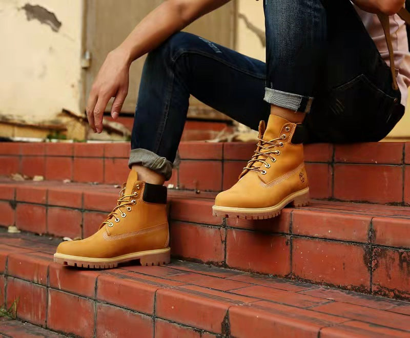 GMABCD Classic Yellow Boots Thick-Soled Martin Boots Men's Couple First Layer Cowhide Outdoor High-Top Boots