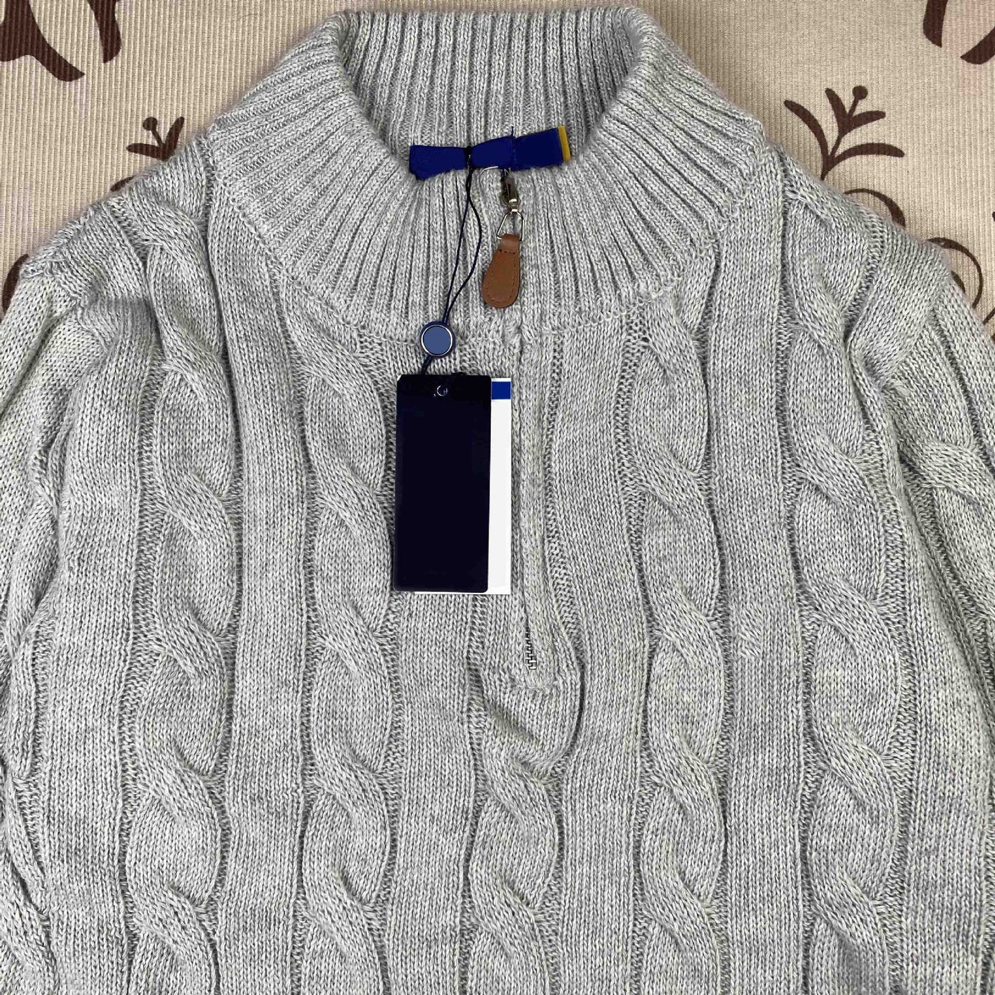 Real Shot RL Raffi Pony Label Embroidered Knit Sweater Men Autumn Winter Stand Collar Cable Couple Half Zip Sweater Women