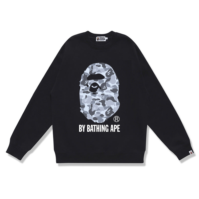 Terry Sweatshirt with Ape Man Letter Print, Unisex, Pure Cotton, Loose Fit, Thin, Crew Neck Pullover Top, Outerwear