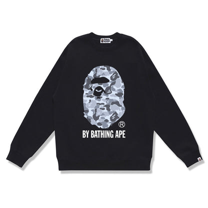 Terry Sweatshirt with Ape Man Letter Print, Unisex, Pure Cotton, Loose Fit, Thin, Crew Neck Pullover Top, Outerwear