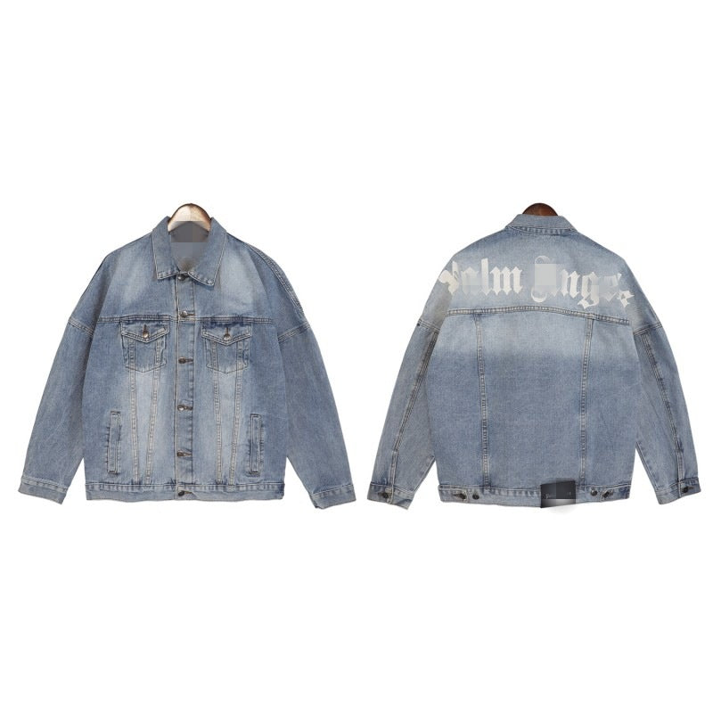PA Trendy Brand Denim Jacket with Large Letter Logo and Palm Tree Design for Couples