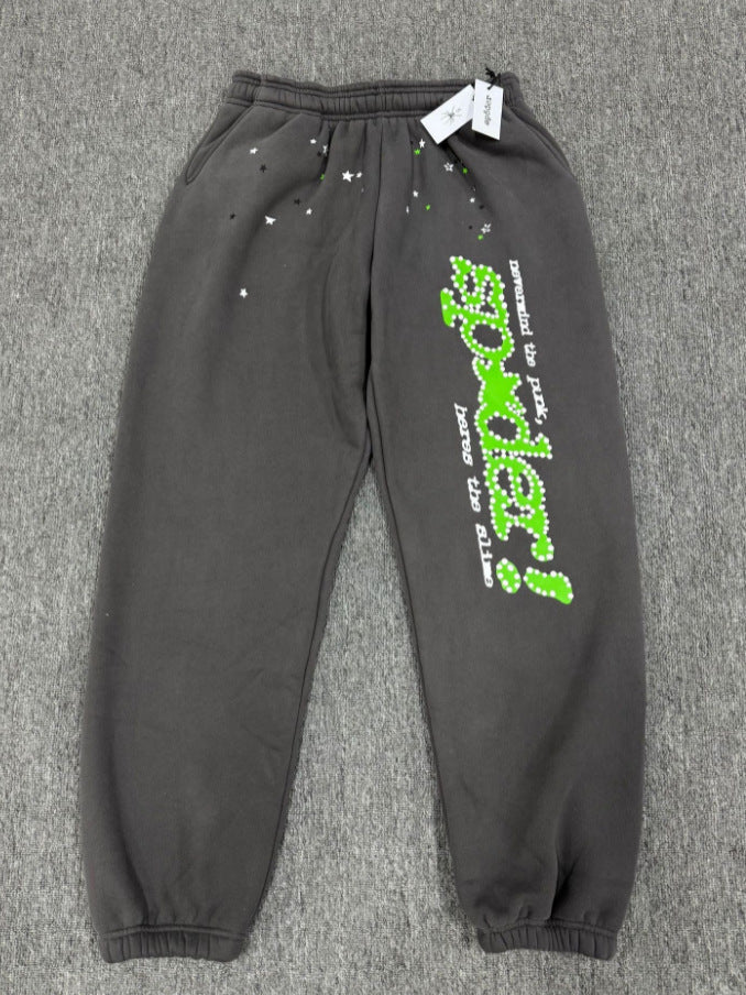 [Fleece Lined]Young Thug American Style Brand Sp5DER 555555 Spider Web Foam Print Casual Unisex Sweatpants